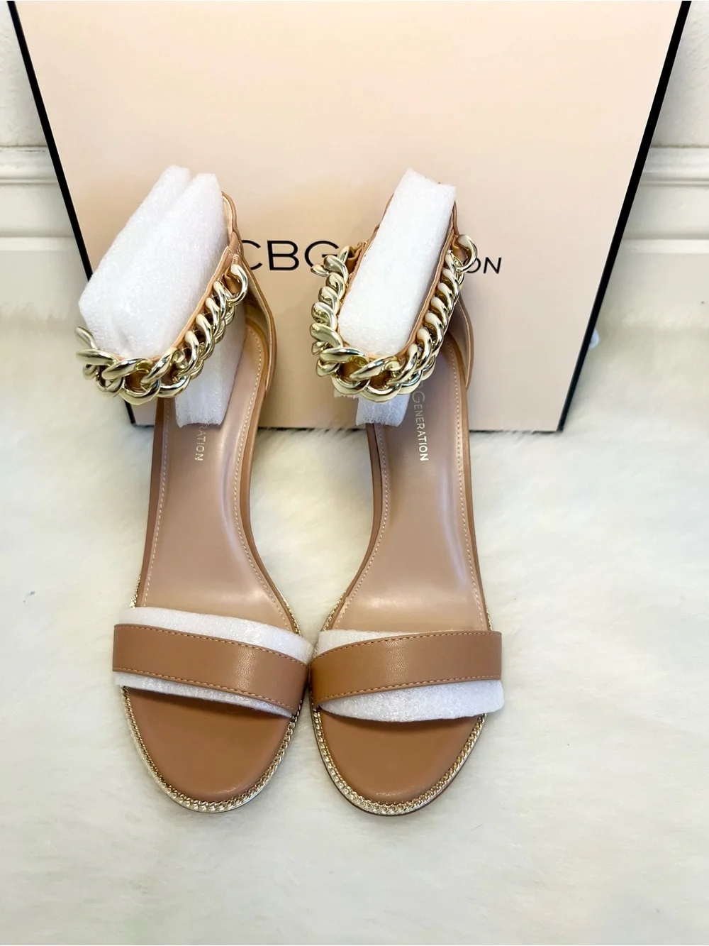 BCBGeneration Jadia Tan High Heel Sandal with Gold Chain Ankle Strap